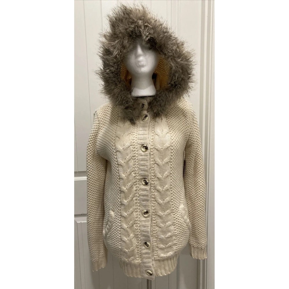Snails & Cinnamon Fleece Lined Detachable  Fur Trim Hood Sweater Cream SZ M NWT